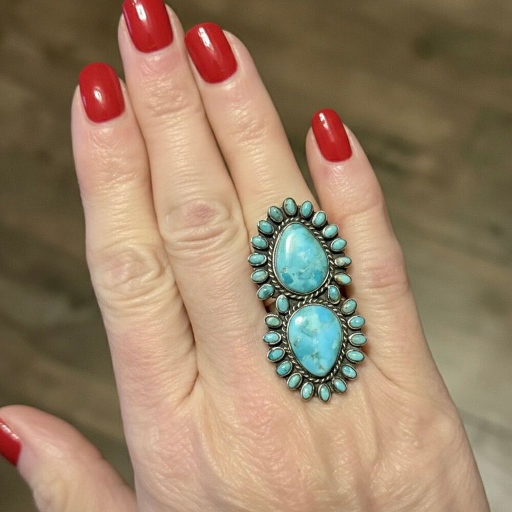 New Sterling Silver Double Turquoise Statement Ring - Bold Southwestern Design - Picture 7 of 7